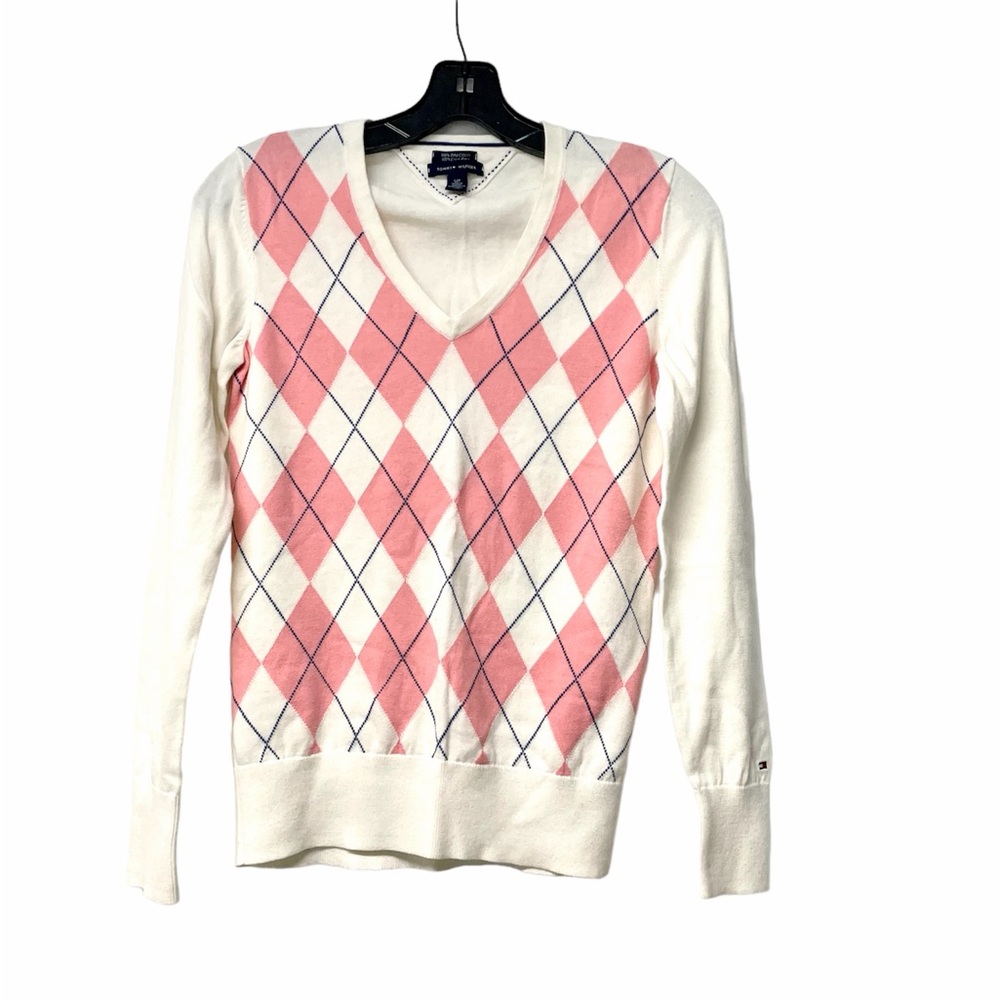 Tommy Hilfiger Pink and White Argyle V-Neck Sweater Sz S